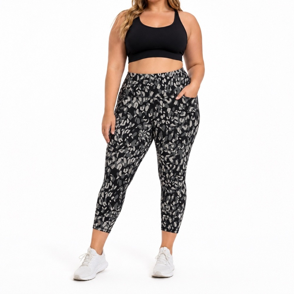 Marika Womens XL Leopard Camo Print High Waisted Leggings Gray Black Side Pocket